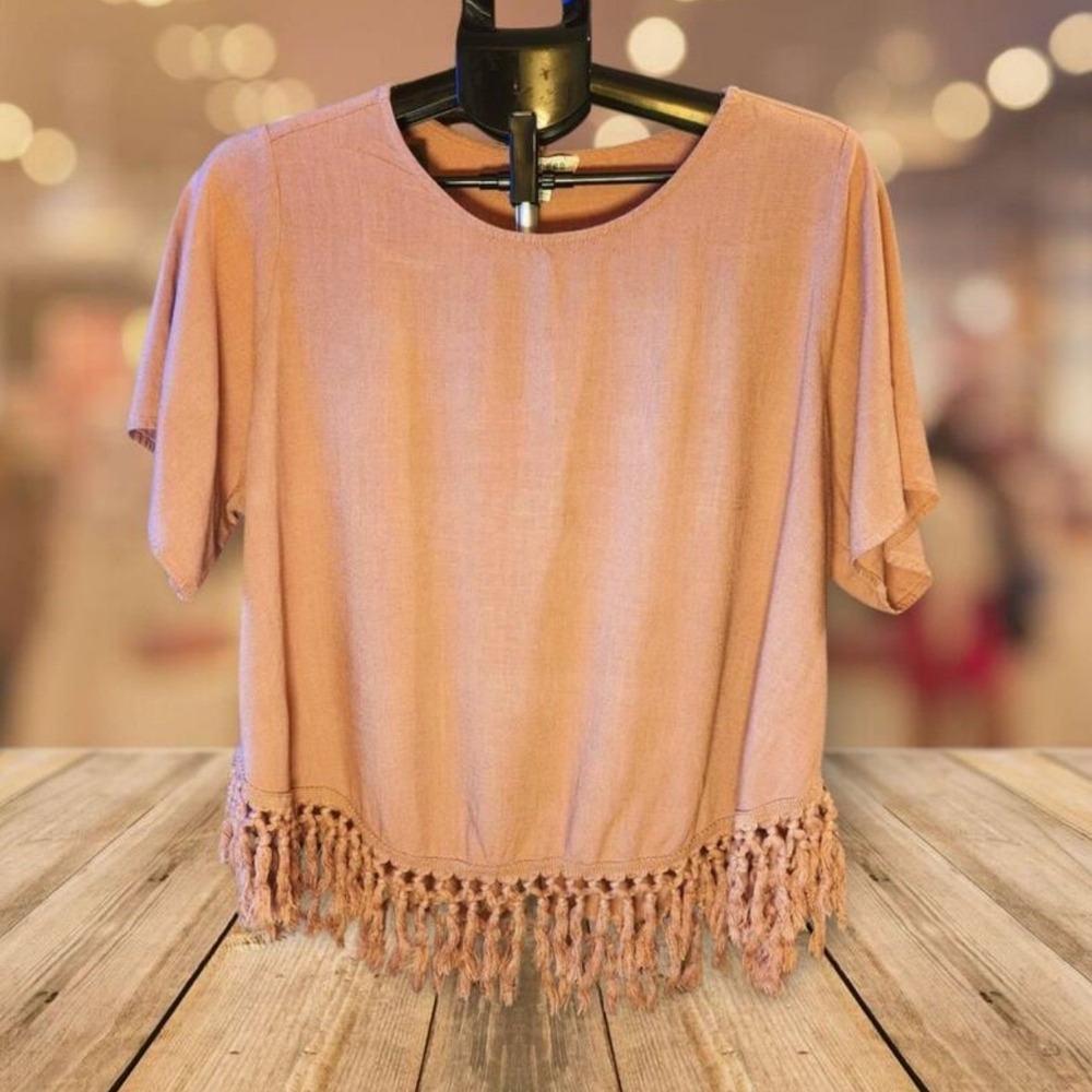 Umgee USA Pink Linen Blend Fringed Short Sleeve‎ Top Women's Size S